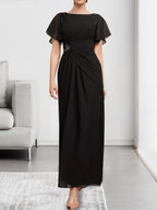 A-Linien-Chiffonkleid mit Rundhalsausschnitt, knöchellang, mit Perlenstickerei und Falten für die Mutter der Braut