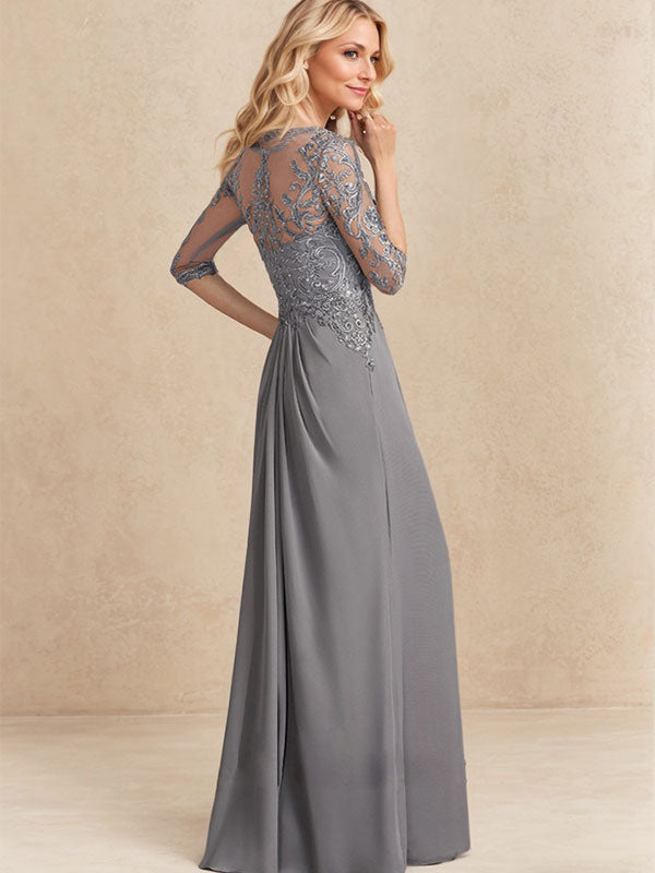 A-Linien-Kleid mit U-Boot-Ausschnitt, Illusion-Effekt, bodenlang, aus Chiffon und Spitze, mit Perlen, Pailletten und kaskadenartigen Rüschen – perfekt für die Mutter der Braut.