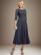 A-Linien-Kleid mit Rundhalsausschnitt, Teelänge, Spitze, Chiffon, Pailletten, für die Mutter der Braut