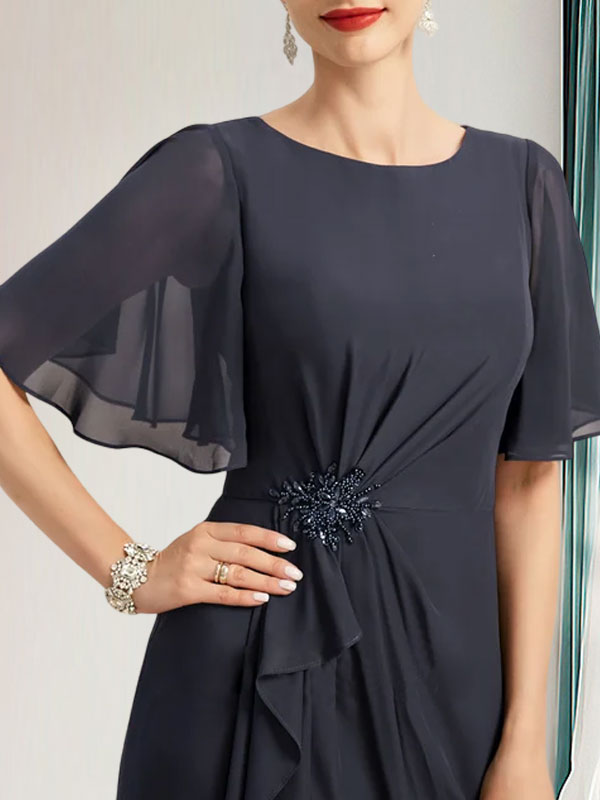 A-Linien-Kleid aus Chiffon in Bodenlänge für die Mutter der Braut mit kaskadenartigen Rüschen, Perlen und Pailletten