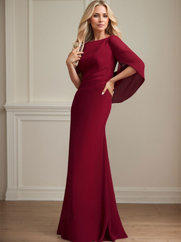 Trompeten-/Meerjungfrauen-Chiffonkleid mit U-Boot-Ausschnitt und Falten für die Mutter der Braut 
