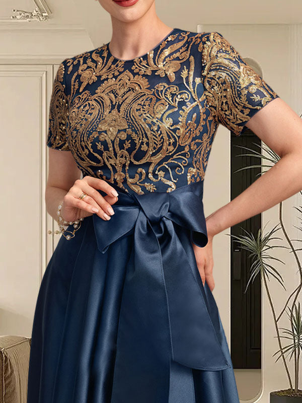 Vestido de madre de la novia con corte A, escote redondo, asimétrico, de satén con lentejuelas y encaje, con lazo