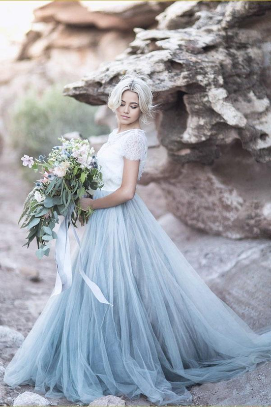A Line Beautiful lace Top Short Sleeves Prom Dress Wedding Dresses