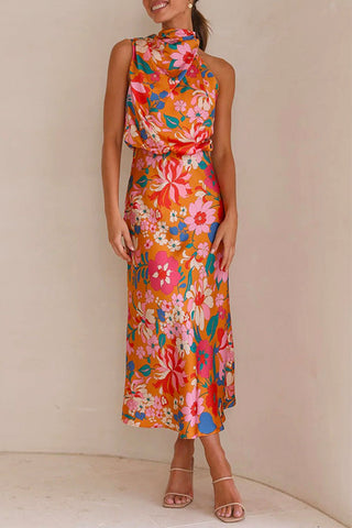 Vestido maxi floral con cintura sin mangas y cuello halter con lazo en la espalda de Meridress
