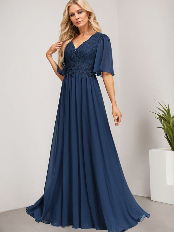 Vestido de gasa con encaje y lentejuelas para madre de la novia, corte A, escote en V y largo hasta el suelo 
