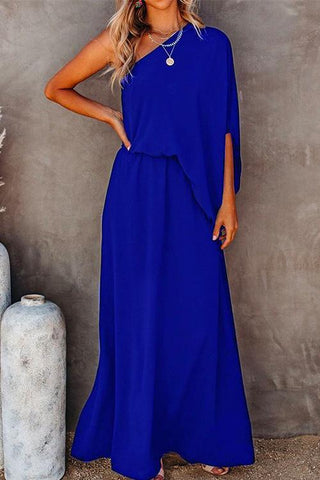 Vestido largo Meridress con un hombro, mangas murciélago y abertura lateral en la cintura