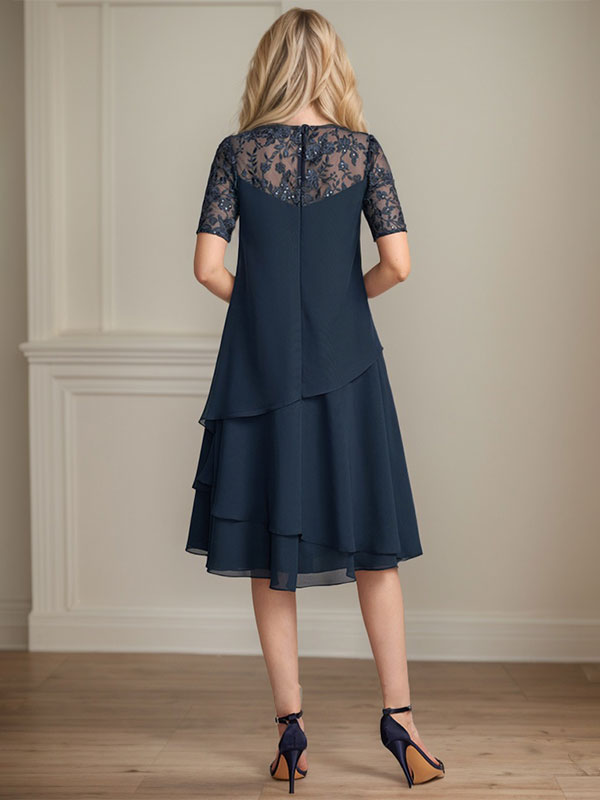 A-Linien-Kleid mit Rundhalsausschnitt, Illusion-Effekt, knielang, aus Spitze und Chiffon mit Pailletten für die Mutter der Braut