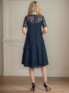 A-Linien-Kleid mit Rundhalsausschnitt, Illusion-Effekt, knielang, aus Spitze und Chiffon mit Pailletten für die Mutter der Braut