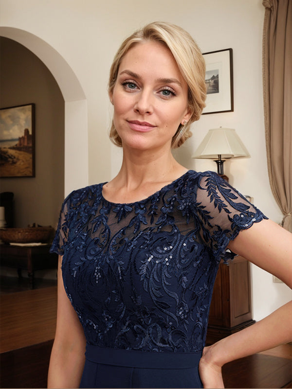 Vestido de madre de la novia de gasa asimétrica con escote en A, ilusión, encaje, lazo, volantes y lentejuelas 