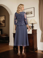 Vestido de gasa con encaje y lentejuelas para madre de la novia, corte A, escote redondo y largo hasta la rodilla 