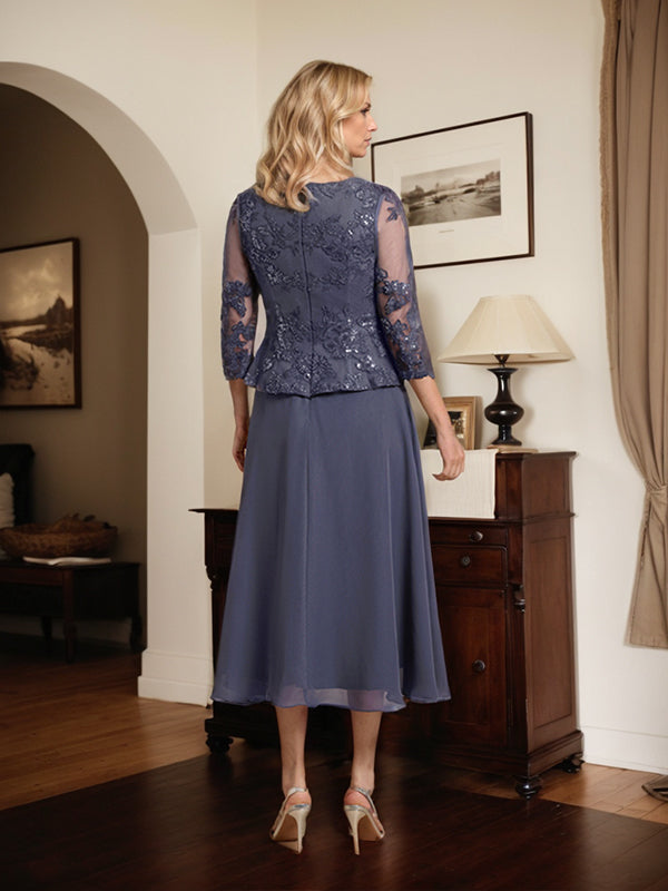 Vestido de gasa con encaje y lentejuelas para madre de la novia, corte A, escote redondo y largo hasta la rodilla 