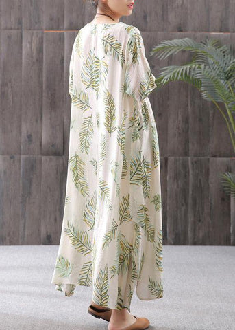 Ropa de lino francesa para mujer, vestido de cuello redondo con estampado de lino y algodón de talla grande 