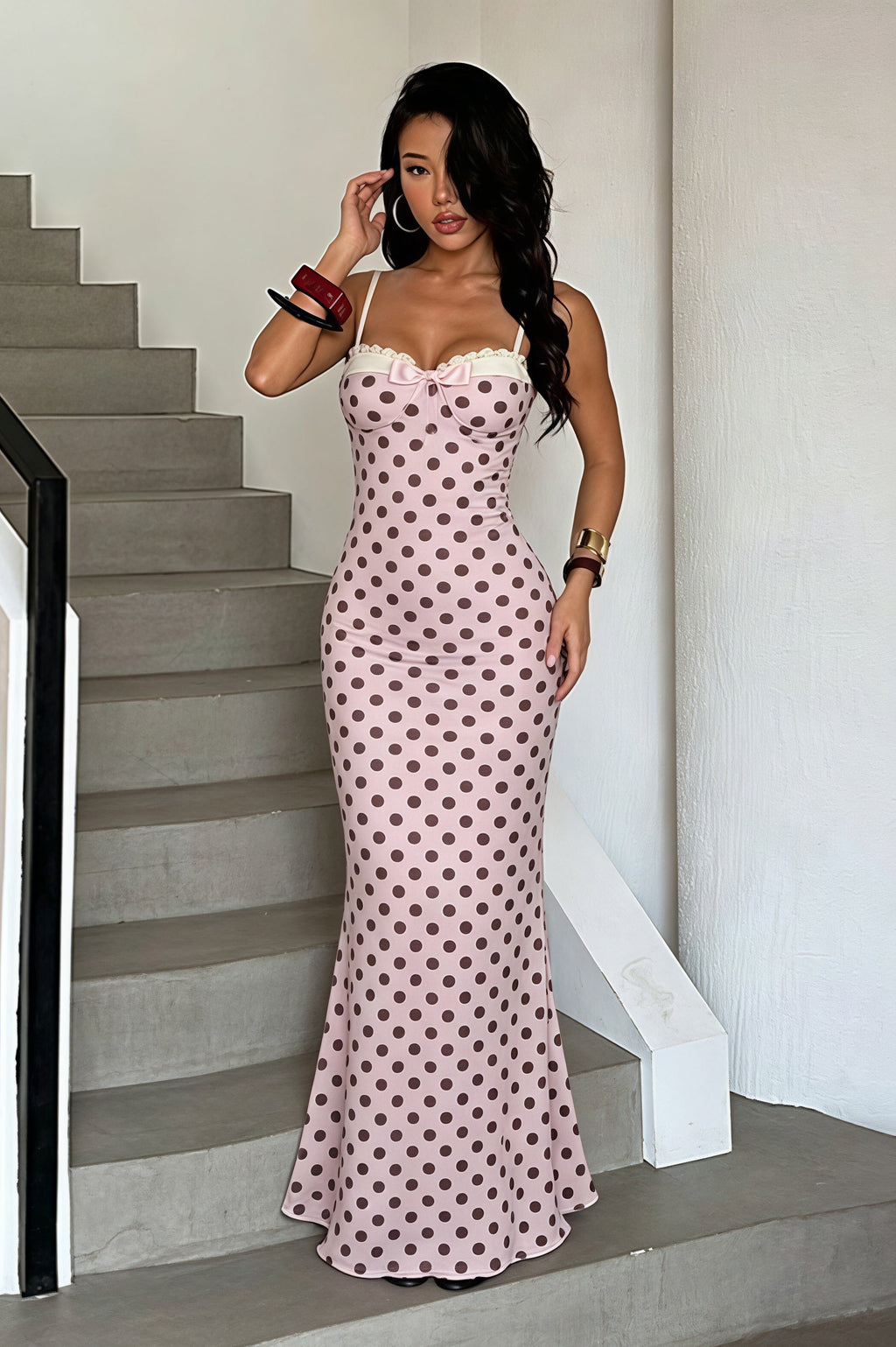 Polka Dot Spaghetti Strap Bodycon Maxi Dress