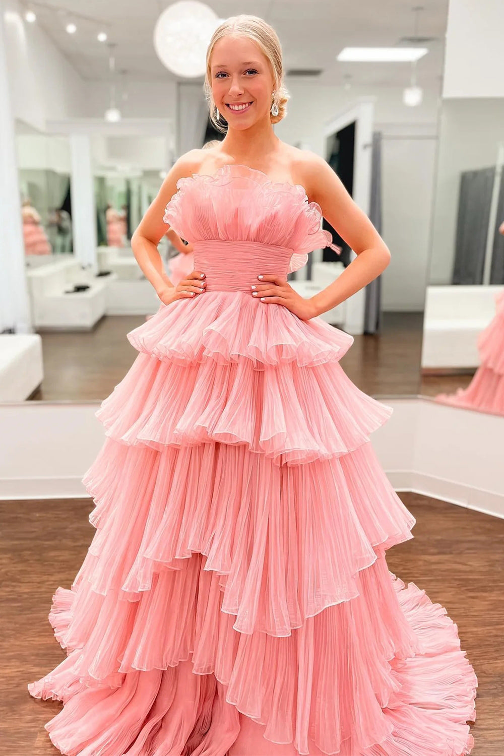 Charming A Line Strapless Blue Long Prom Dress with Ruffles