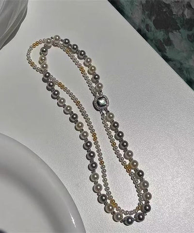 Collar de plata de ley con bloques de color y circonitas de doble capa con perlas cuadradas y cuentas calibradas para mujer 