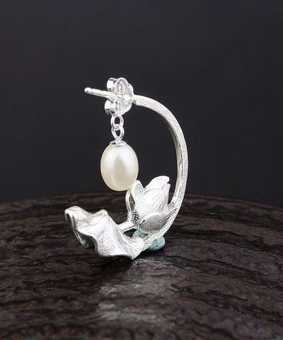 Pendientes de aro de plata de ley azul con incrustaciones de cloisonné y perla de loto para mujer 