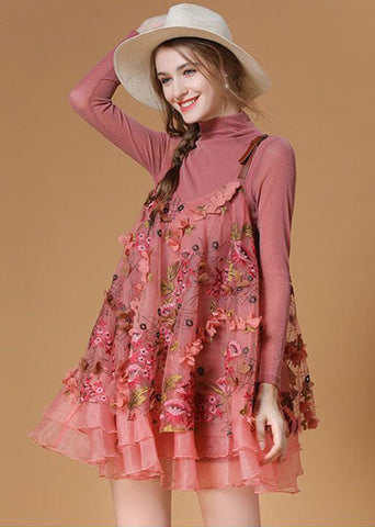 Hermoso conjunto de dos piezas de organza bordada con cuello de tortuga rosa para primavera 