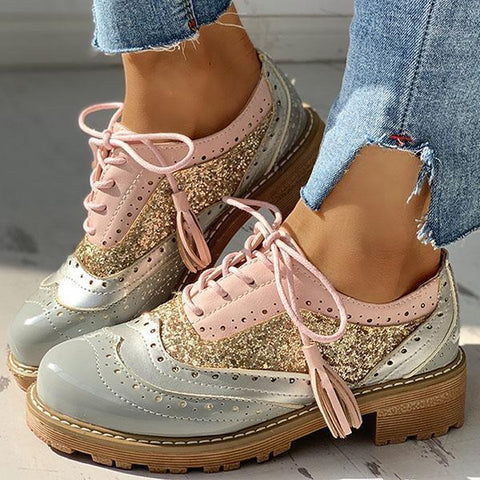 Vintage Oxford Brogues Chunky Block Heel Shoes Lace-up Pumps