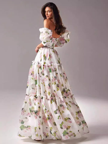 Party Dress Floral Off The Shoulder Tiered A-Line Elegant Prom Maxi Dresses