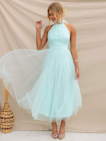 Vestido midi de tul con cuello halter, plisado, cintura imperio, espalda abierta, elegante vestido de fiesta 