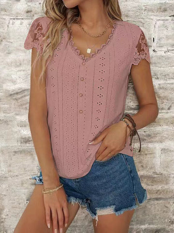 Buttoned Hollow Mesh Split-Joint Loose Short Sleeves V-Neck T-Shirts Tops
