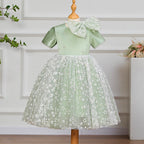 Vestido de fiesta para niña pequeña con estampado de lazo de malla y lazo para fiesta de cumpleaños y comunión 