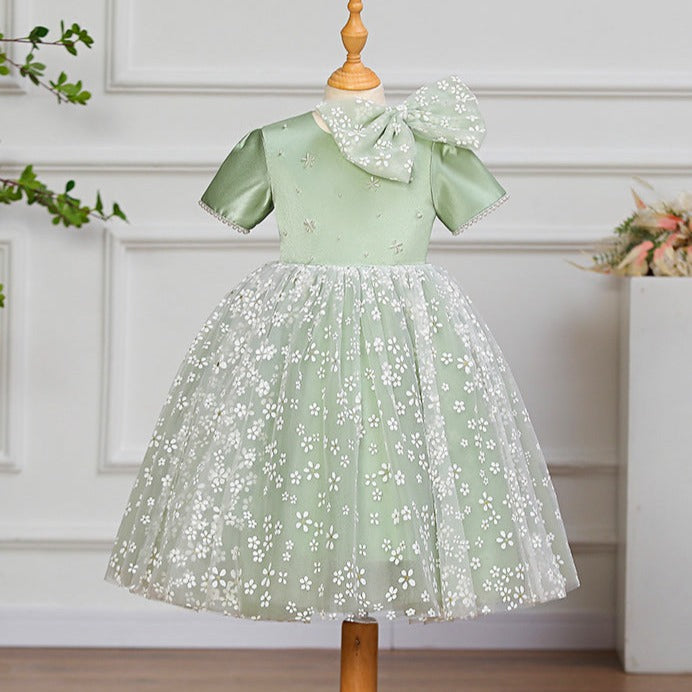 Vestido de fiesta para niña pequeña con estampado de lazo de malla y lazo para fiesta de cumpleaños y comunión 