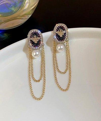 Pendientes colgantes con borlas de circonitas, cristales y perlas de aleación de oro a la moda 