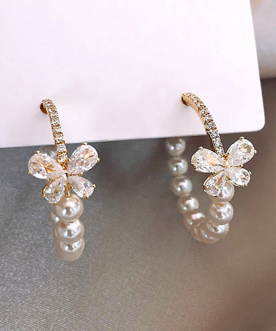 Unique White Copper Alloy Zircon Butterfly Pearl Hoop Earrings