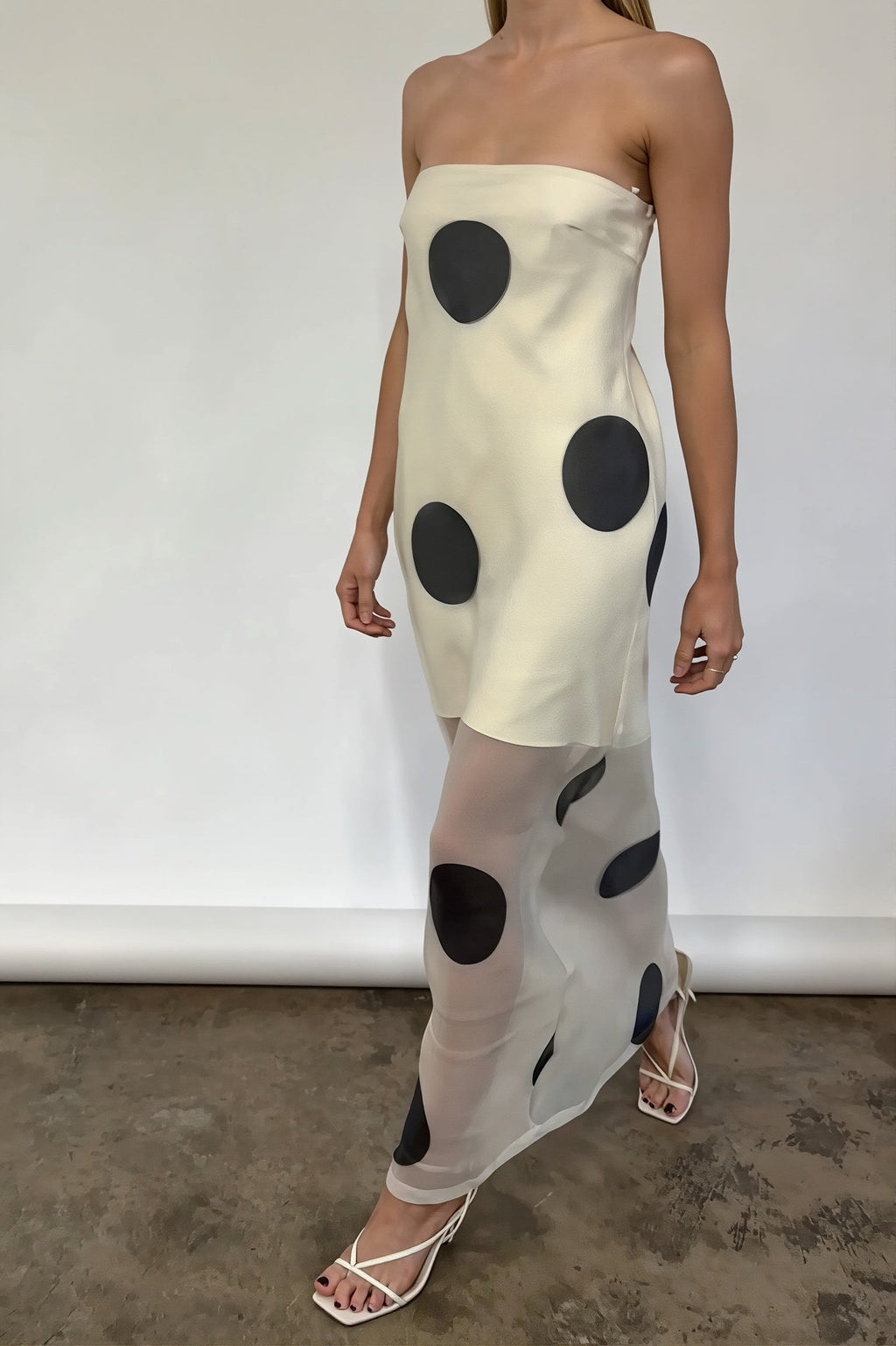 Elegant Polka Dot Strapless Sheer Slim Maxi Dress