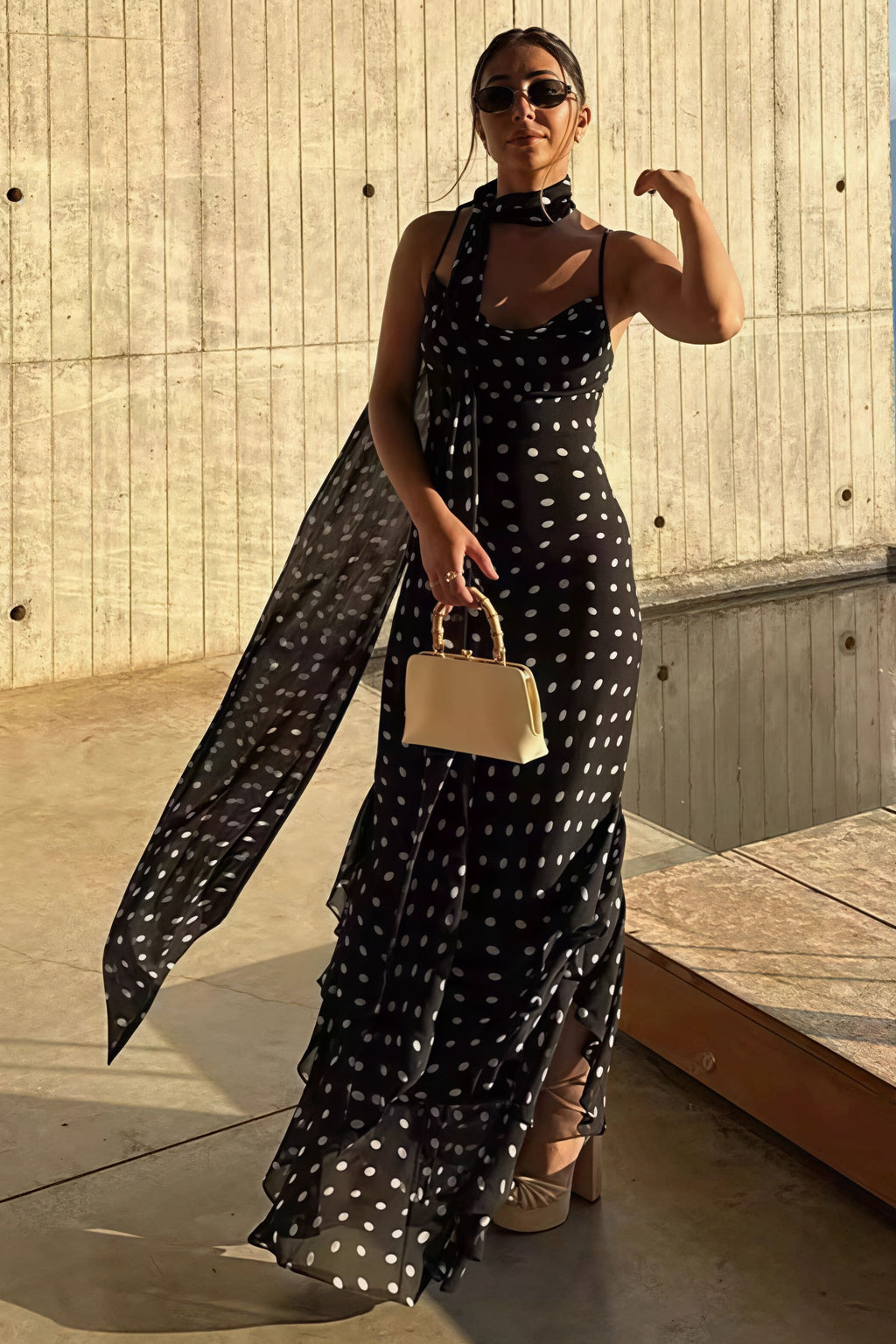Polka Dot Ruffled Scarf Decor Maxi Dress