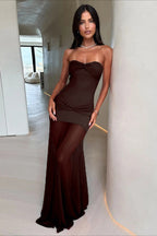 Mesh Patchwork Strapless Shirred Backless Bodycon Maxi Dress
