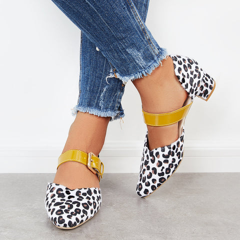 Block Low Heel Mary Jane Pumps Pointed Toe Buckle Dress Shoes