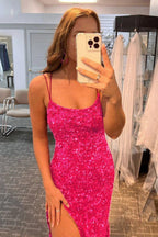 Meerjungfrauen-Glitzer-Pailletten-Kleid, sexy, pinkfarben, rückenfrei, langes Ballkleid