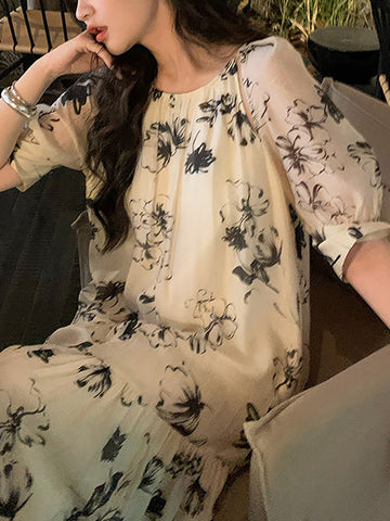 Women Summer National Floral Ink-print Pleat Loose Dress