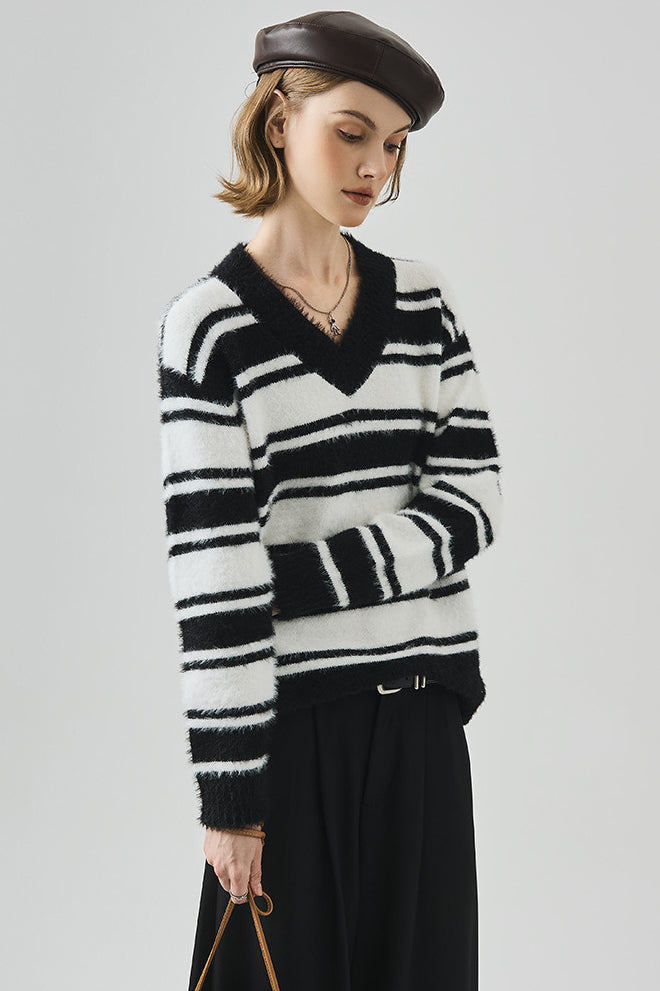 Striped V Neck Loose Long Sleeve Knit Sweater
