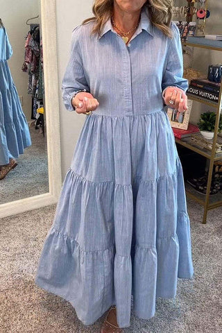 Vestido largo holgado con puños elásticos y solapa de color liso