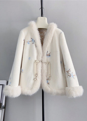 Vintage Rosa V-Ausschnitt Bestickter Fuchspelz Nerz Kaschmirmantel Winter 