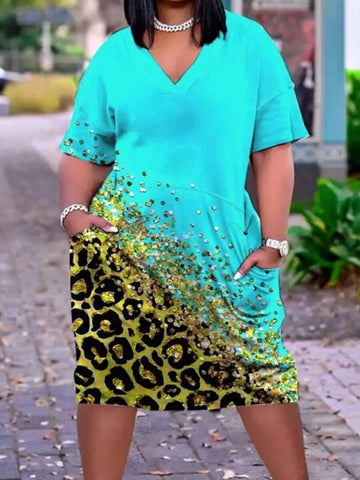 Plus Size Imitation Denim V Neck Pocket Design Dress Women's T-Shirt Summer Loose Dress Vestidos
