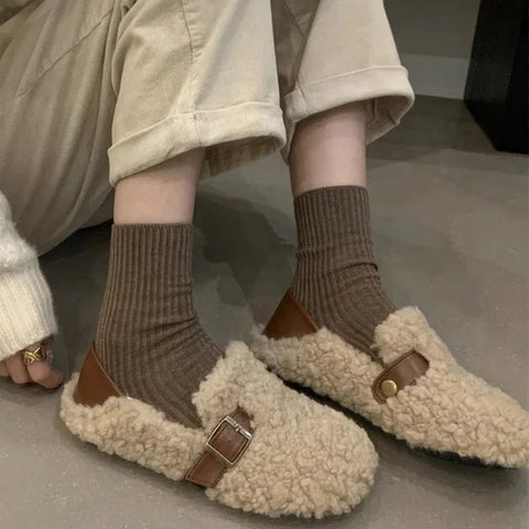 Mocasines planos de lana de cordero para mujer, elegantes, sin cordones, a la moda, para otoño 
