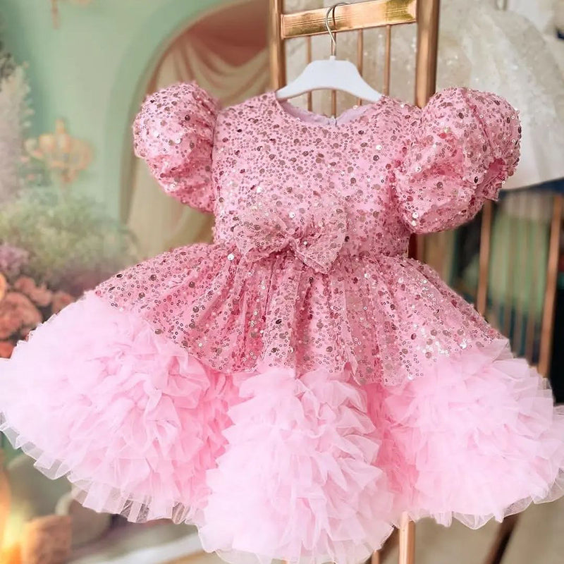 Niedliches Taufkleid für Babys und Kleinkinder, rosa Paillettenkleid für die Erstkommunion, Prinzessinnenkleid 