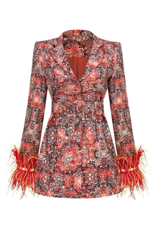 Vestido mini blazer con cinturón y plumas estampado de Carlin 