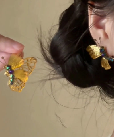 Chinese Style Gold Alloy Butterfly Beading Stud Earrings