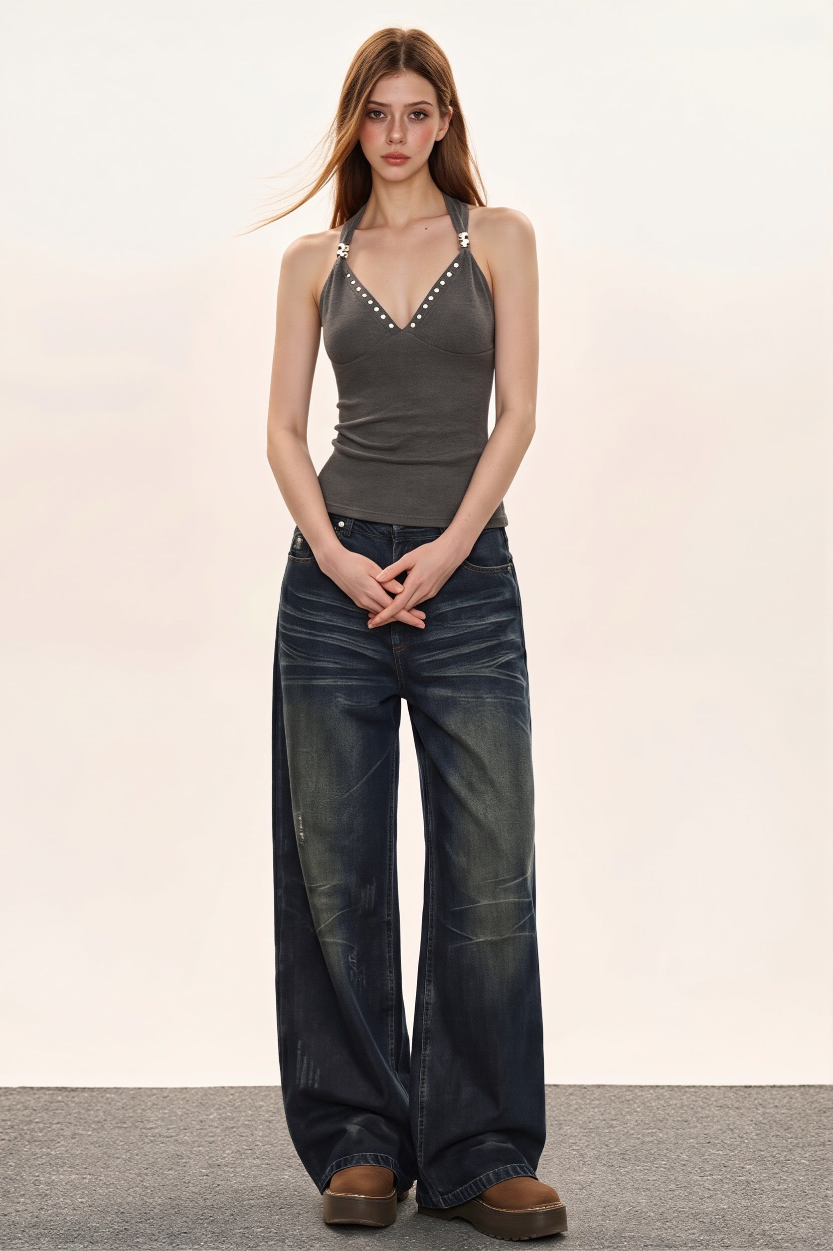 Cashmere V Neck Adjustable Halter Fitted Cami