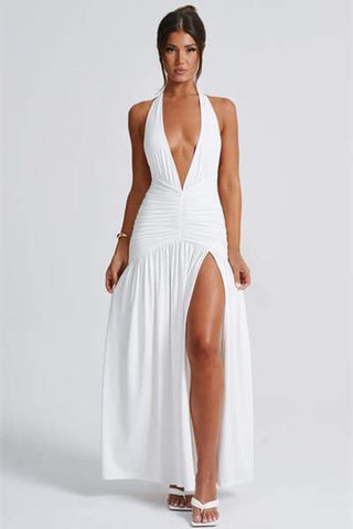 Vestido largo Norma con cuello en V profundo y cuello halter 