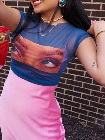 TARUXY Camisetas estampadas con ojos divertidos, tops cortos de malla estética de los años 2000, ropa grunge, camisetas gráficas vintage Harajuku, ropa urbana Y2K 