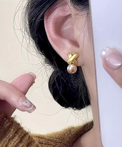 Stylish Gold Sterling Silver Overgild Pearl Stud Earrings
