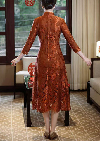 Neu Orange Stehkragen Taste Seite Offen Spitze Kleid Armband 