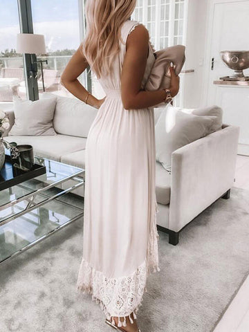 Vestido midi sexy sin mangas con escote en V y diseño de flecos altos y bajos 
