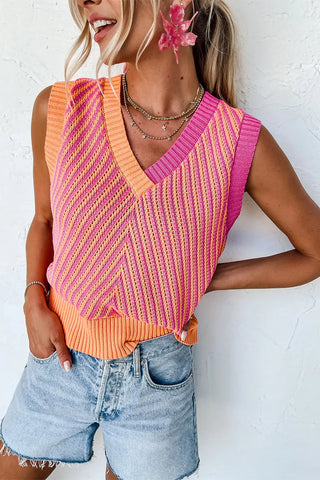 Chaleco de punto con cuello en V de color rosa chevron 